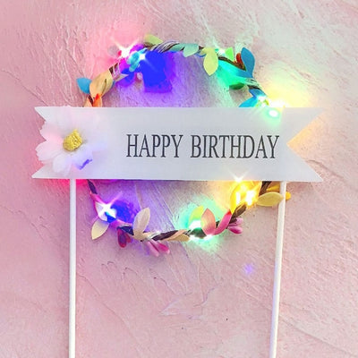 1Pcs Flower Wreath Cake Topper LED Glowing Happy Birthday Party Baby Shower Decoration DIY Baking Cake Top Flags Insert Supplies