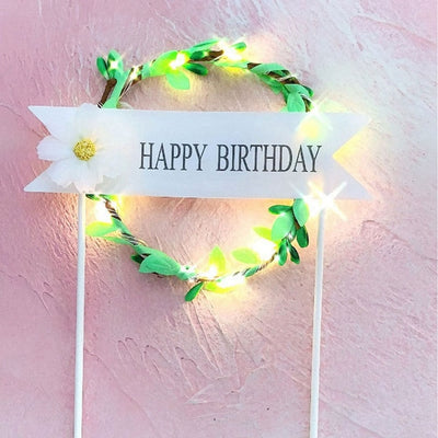 1Pcs Flower Wreath Cake Topper LED Glowing Happy Birthday Party Baby Shower Decoration DIY Baking Cake Top Flags Insert Supplies